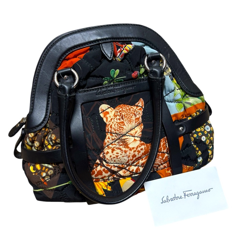 Salvatore Ferragamo Safari Canvas Leather Animal Print authentic bag purse NWOT